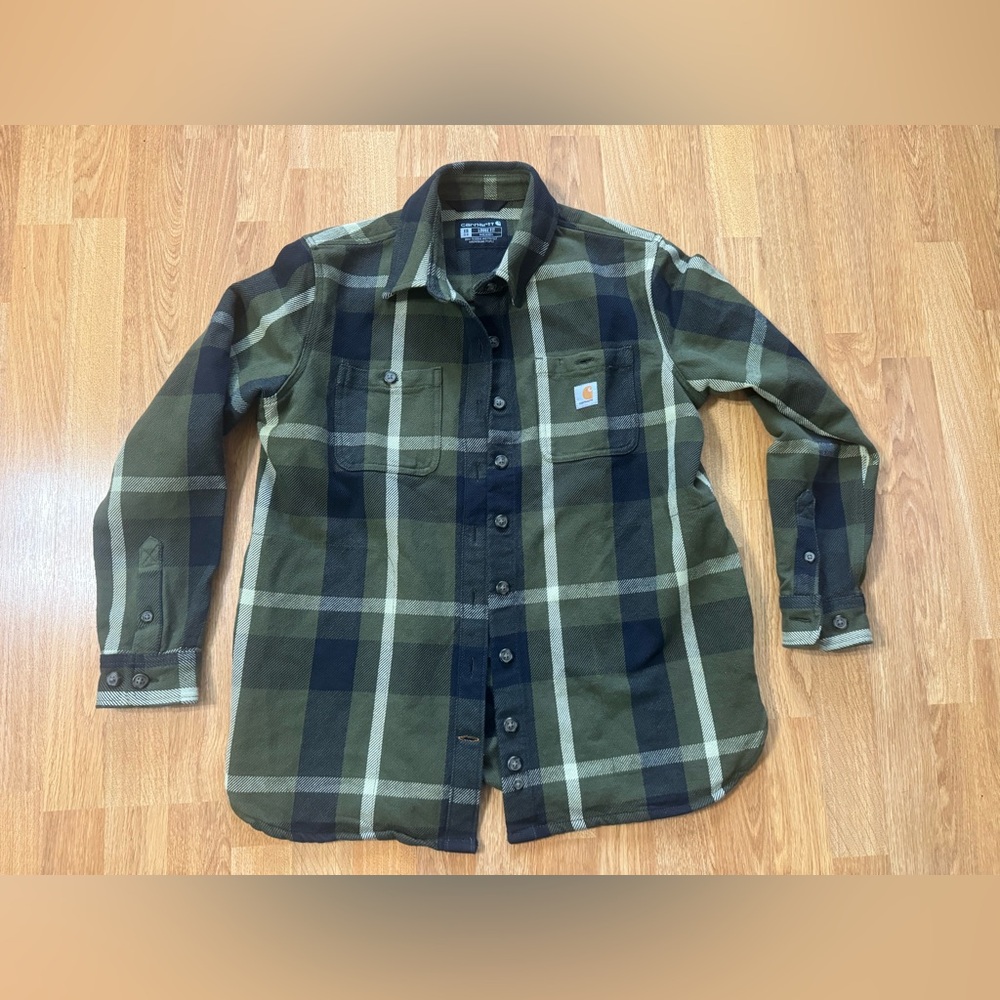 Carhartt TW5036-W Loose Fit Twill Button Shacket Basil Plaid Shirt Women's XS